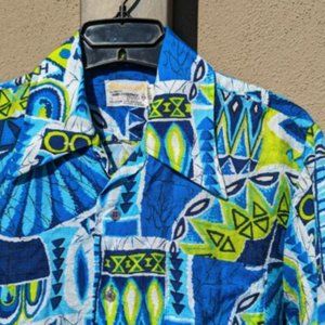 Vintage 50s/60s Kamawhanee RARE Hawaiian Blue Green Silkana Small Shirt See Desc